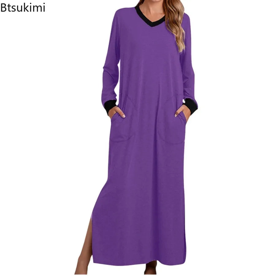 Women's Nightgowns V-Neck Long Sleeve Pajamas with Pocket Solid Color Long Dresses Sleepshirts for Women Soft Nightwear Robes