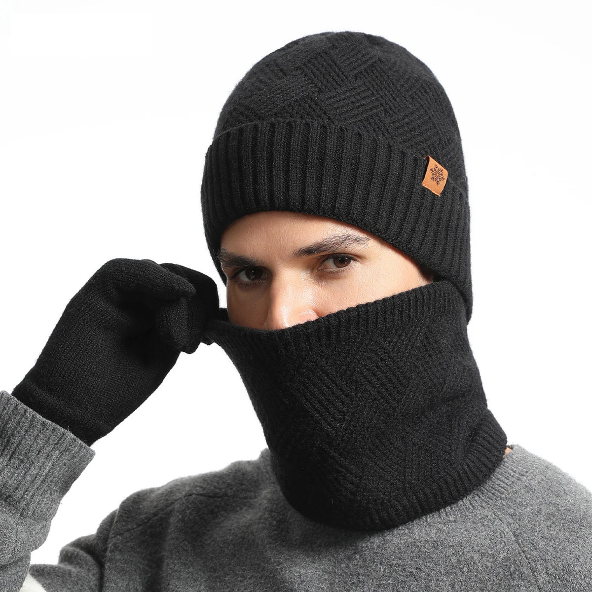 Men Winter Beanie Neck Gaiter Gloves 3-Piece Set Stretchy Thermal Fleece Outdoor Soft Knit Hat Neck Warmer Gloves Set Daily Wear