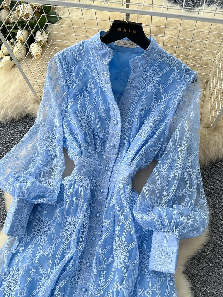 French Elegant Dress for Women New Birthday Party Standing Collar Single Breasted Waist Embroidered Mesh Long Dress S93