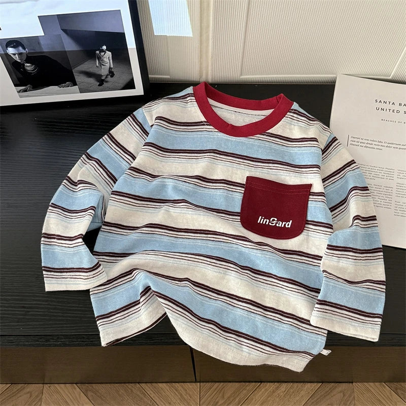 Kids Long Sleeve T-shirt New Retro Striped Cotton Shirt Spring Autumn Casual Top With Pocket for Baby Toddler Boys Girls