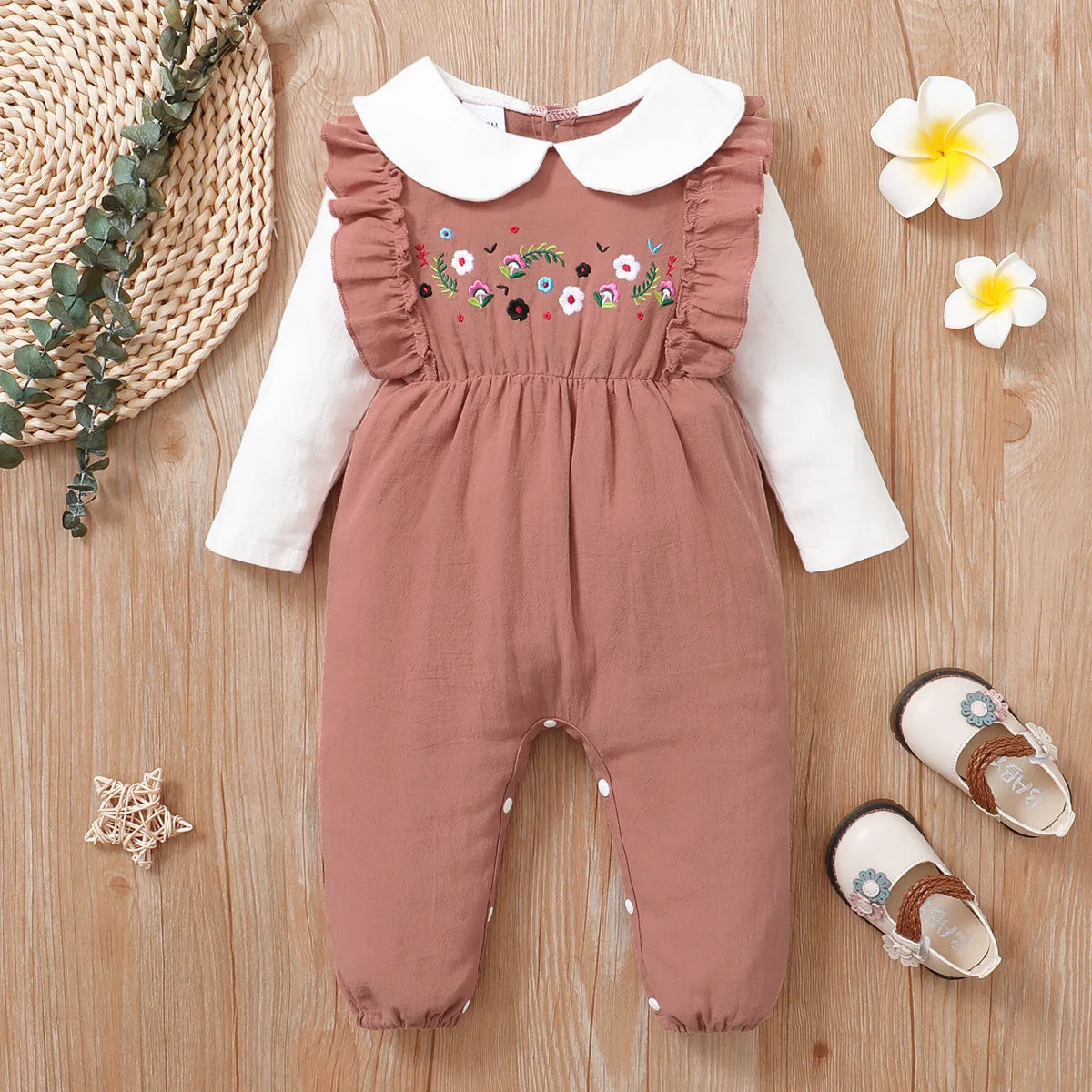 Newborn Baby 'Pure Cotton Flower Pattern Color Blocked Comfortable Long Sleeves Bodysuit 0-18 Month Female Baby Crawling Suit