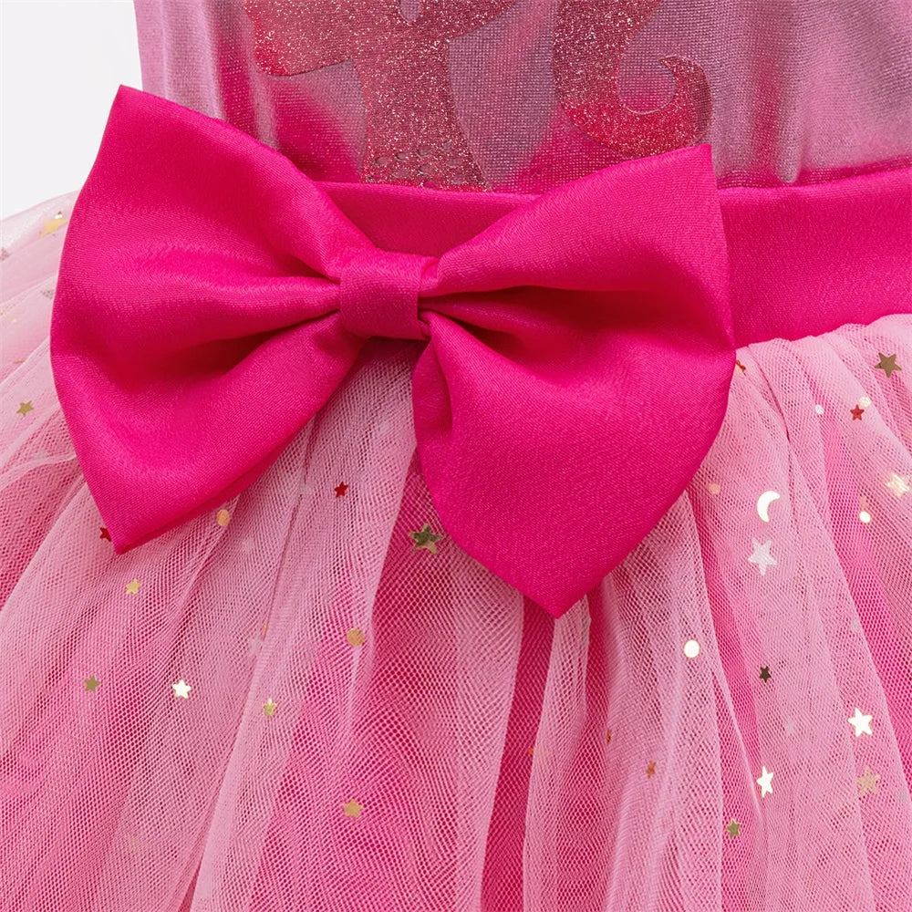 Elegant Party Wedding Girls Dress Elegant Bow Layered Birthday Dresses for Girl Hot Pink Summer Children Christmas Prom Costume