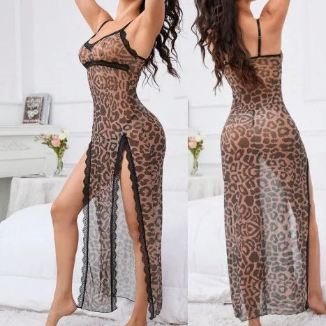 Women Casual Nightgown Sexy Sleeveless V-neck Split Lace Trimmed Hem Floral Sheer Nightdress Female Sleeping Dress Homewear