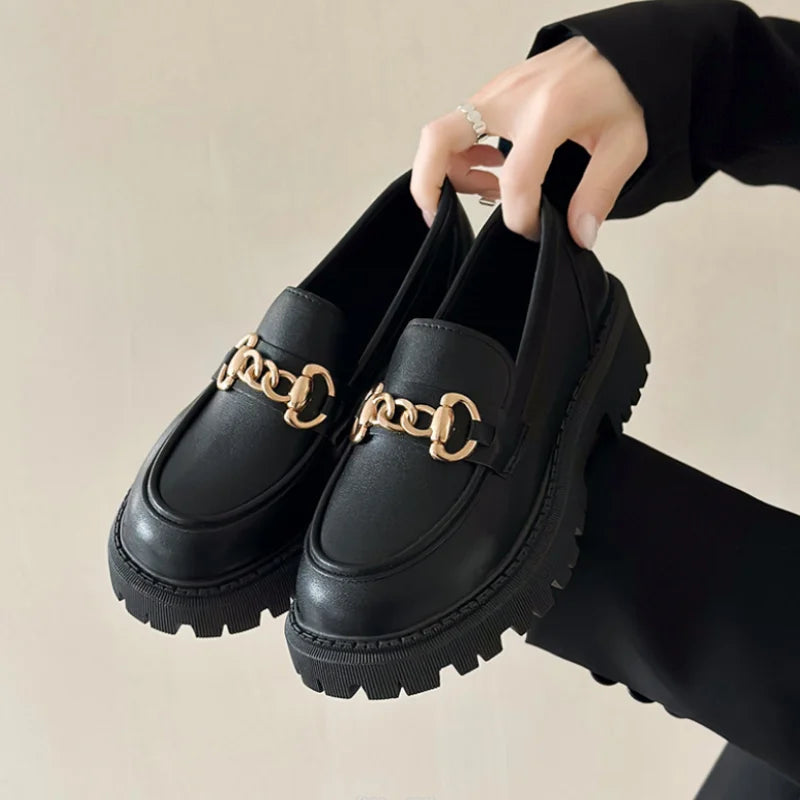 Loafers Female Shoes Women Fashion Mary Janes Round Toe Flats Loafers Oxfords Platform Casual Metal Chain Buckle Ladies Heels