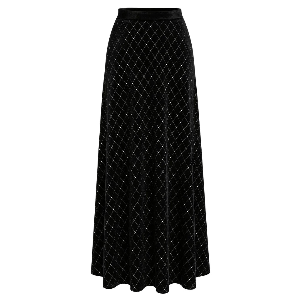 Women Skirts Elegant Velvet Elastic Waistband Shiny Rhinestone Skirt for Christmas Halloween Carnival Cocktail Party Dance Wear