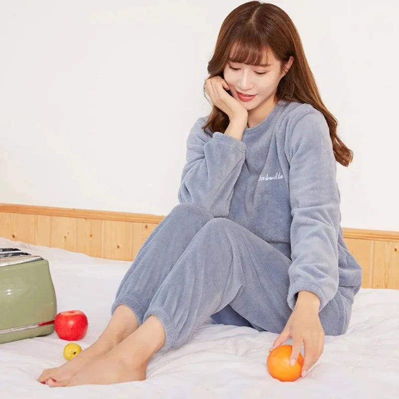 Winter Pajamas Coral Fleece Warm Pajamas Set Can Be Worn Outside Pajamas Loose Top Elastic Waist Trousers Home Leisure Wear