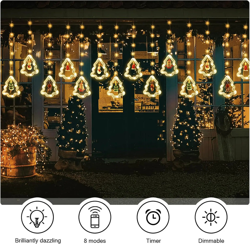 Xmas Curtain LED String Lights Santa Claus Hanging Charm for Window Display Home Party Indoor Outdoor Celebration Decoration