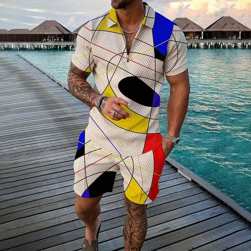 Men's Clothing Tracksuit Sets 3D Print Color Squares Pattern Casual Zipper Polo Shirt And Shorts 2pcs Sets Trend Streetwear Man