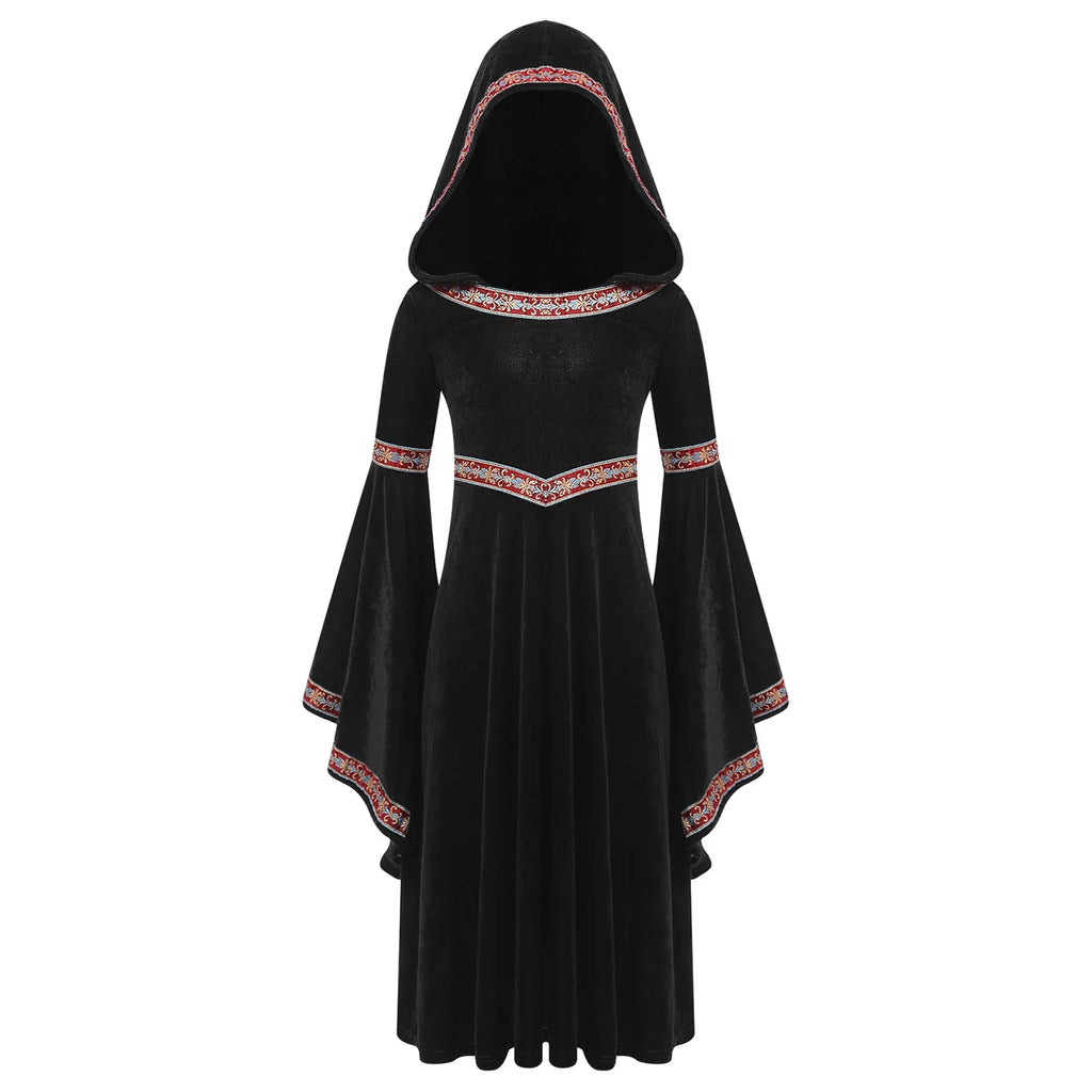 Girls Enchanting Medieval Princess Gown with Embroidered Velvet Trim And Trumpet Sleeves Dress for Halloween Cosplay Events
