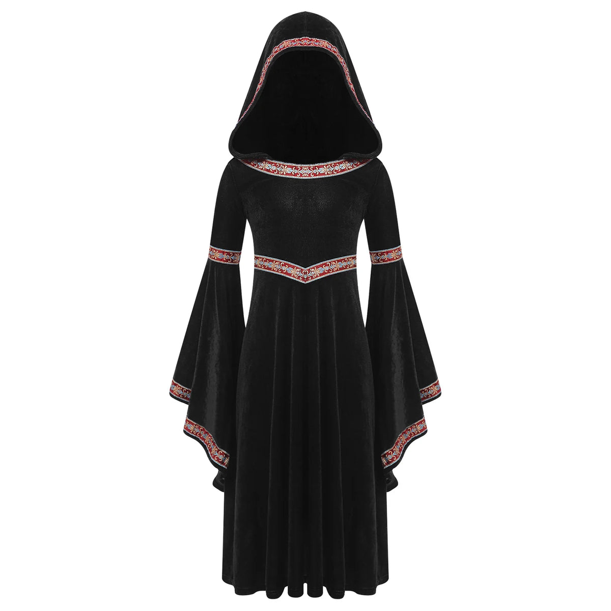 Girls Enchanting Medieval Princess Gown with Embroidered Velvet Trim And Trumpet Sleeves Dress for Halloween Cosplay Events
