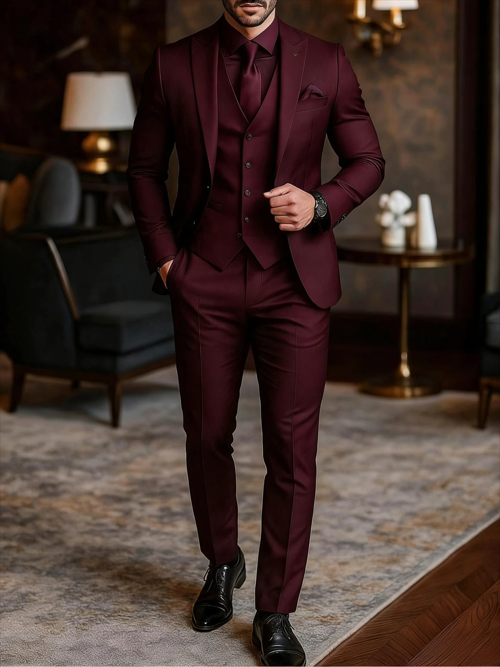 Herren-Hochzeitsanzug im 3-teiligen Smoking-Stil für den Bräutigam, schmal geschnitten, mit Weste, schwarzer formeller Businessanzug
