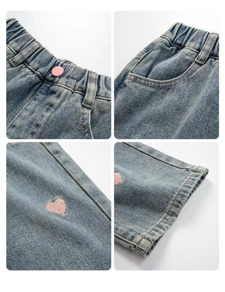 Pants Girls Spring Autumn New Trousers Straight Leg Wide Leg Jeans Childrens Jeans Middle Childrens Heart 2025