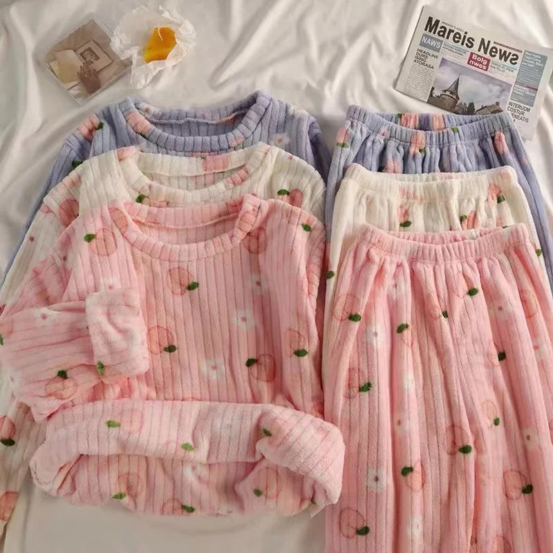 Winter Women's Pajamas Homewear Suit New Coral Fleece Warm Set of Fall and Winter Comfortable Warm Pajamas Homewear Suit
