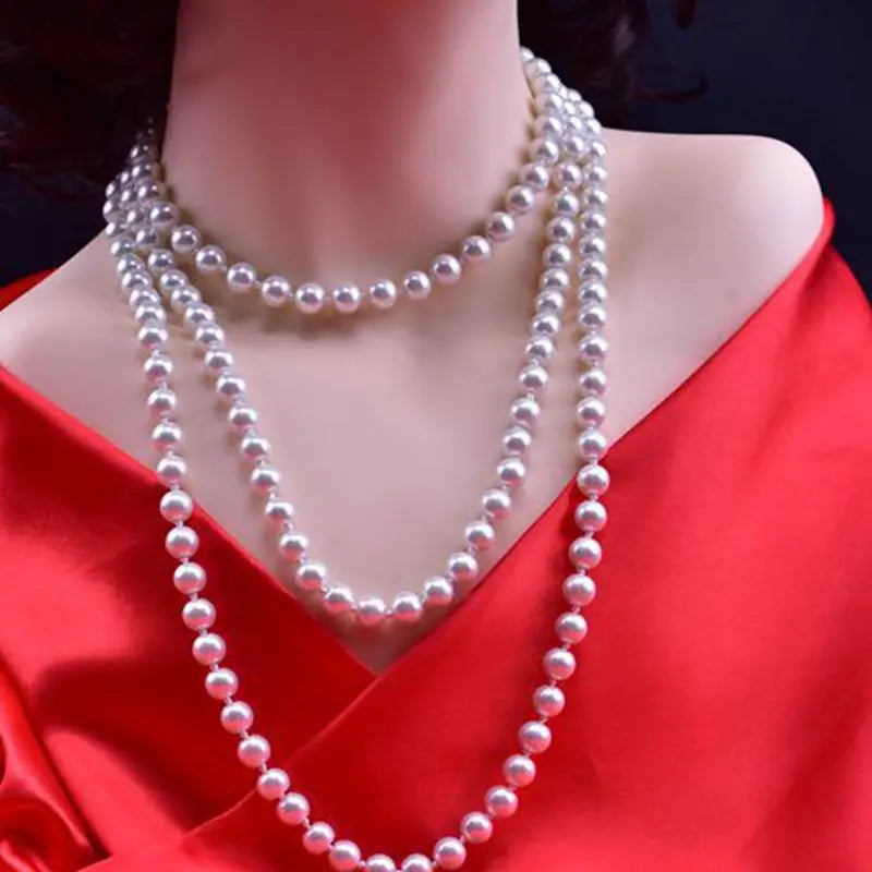 1.5m -8mm fashion glass imitation pearl necklace women's simple knot multi-layer long sweater chain clothing accessories 2021