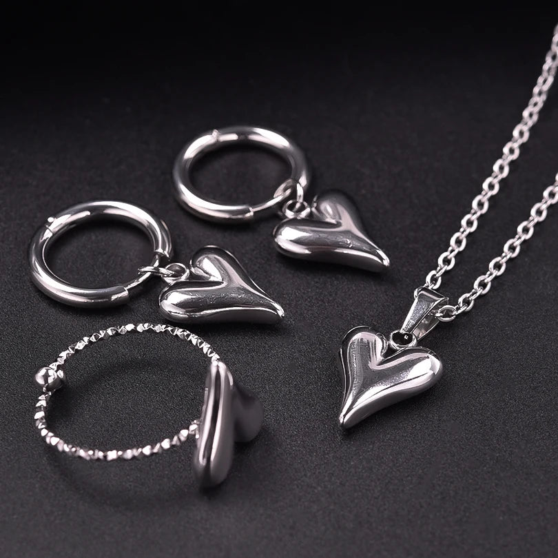 100% Stainless Steel Heart Jewelry Set For Women Accessories Cute Girl Supplies Love Earrings/Rings/Necklace Fashion Party Gift