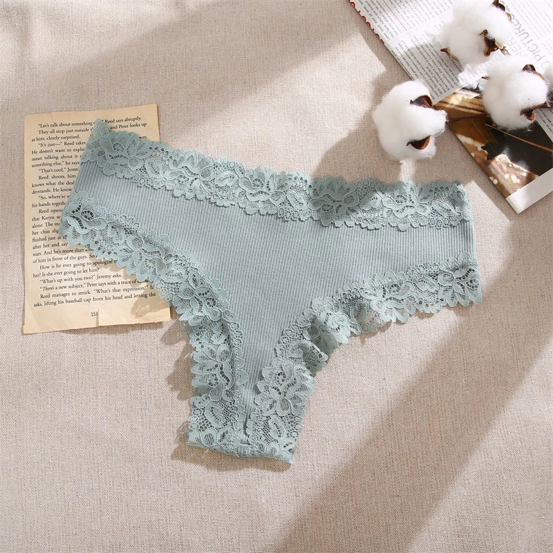Women Cotton Panties Sexy Floral Lace Breathable Underwear Girls Ribbed Low-Waist Briefs Comfortable Bikini Solid Color Lingerie