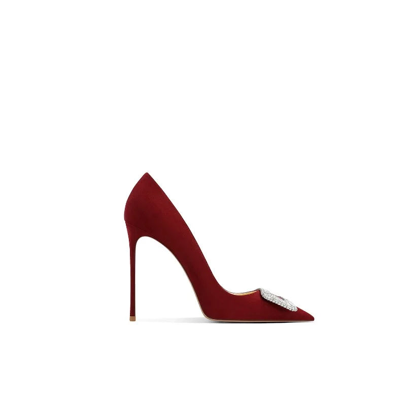 Wine Red High Heels for Women in Autumn, Slim Heels, Elegant Temperament, Square Buckle, Pointed Toe, Perfect Single Shoes for a