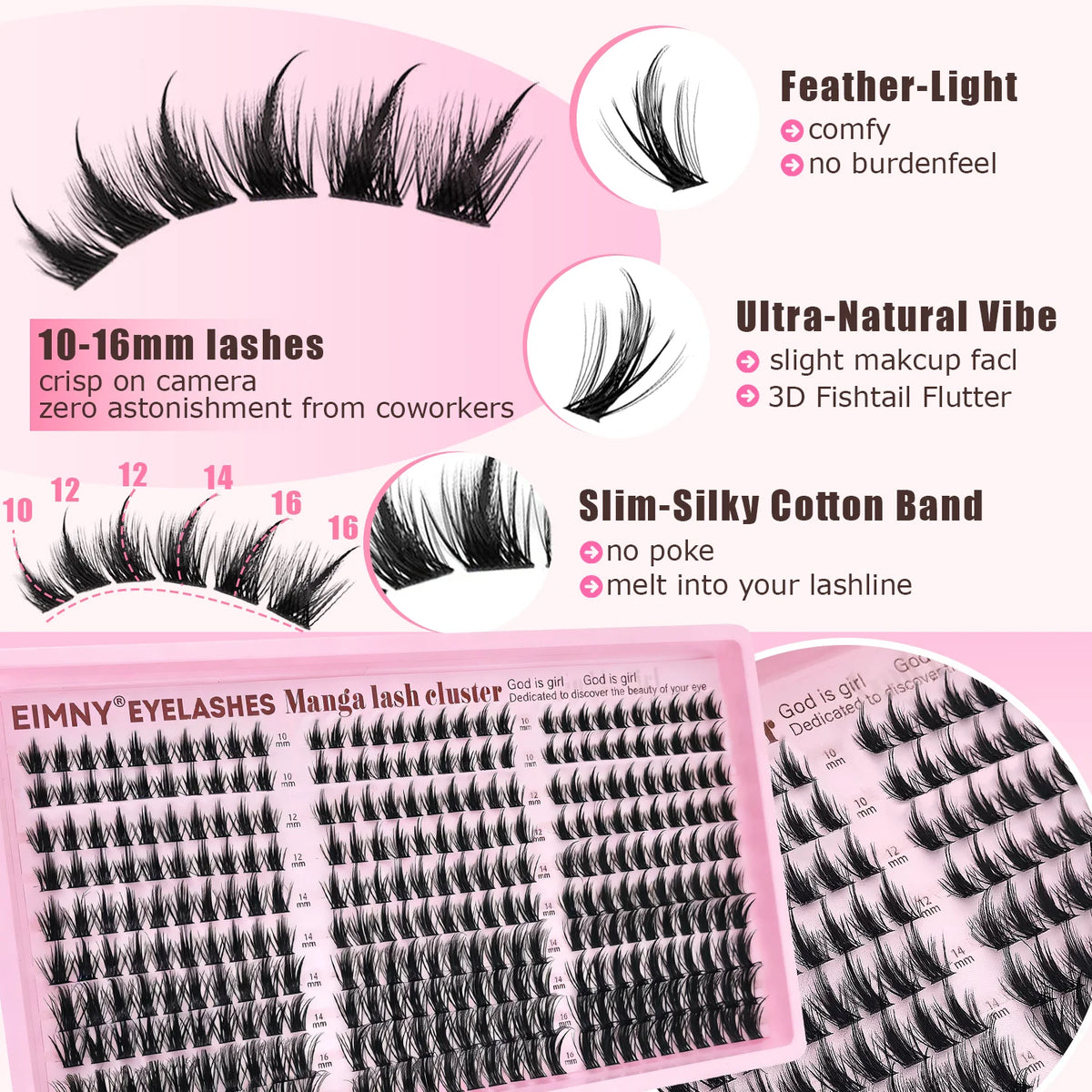 EIMNY 300PCS Little Devil Style Lash Extensions 10-16mm Including Glue Tweezers Cotton Swabs Manga Lashes Natural Voluminous