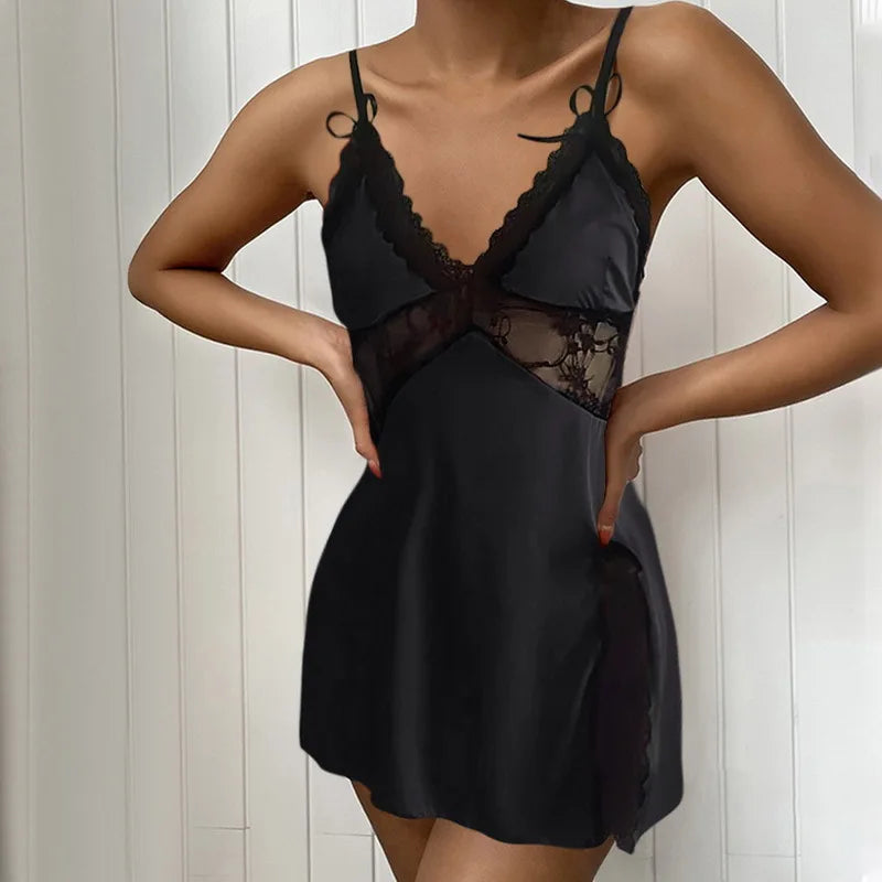 Night Wear Woman Sexy Suspend-Lace Low-Neck Nightdress Solid Color Breathable Sexy Night Lingeries Women Pajamas Dress Romantic