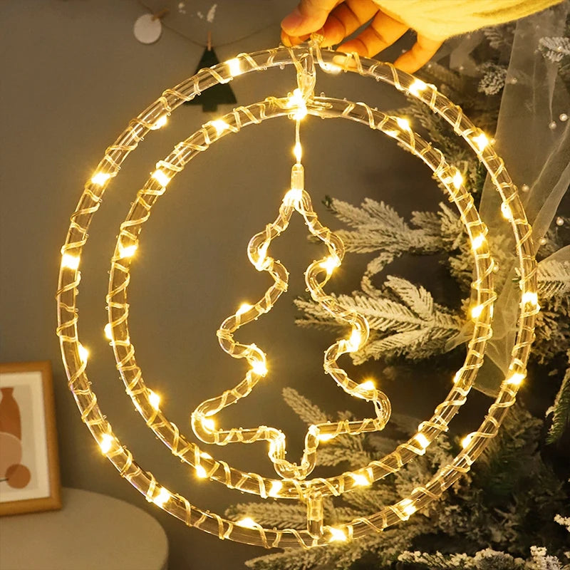 Christmas Hanging Wreath Light Warm White LED Circular Hanging Ornament Light with Inner Christmas Tree Pattern 32cm Window Wall