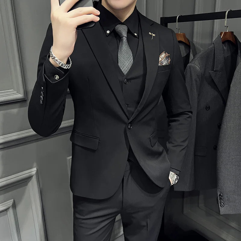 Men's 3 Piece Suit Set Single‑Button Slim Fit Solid Color Business Casual Wedding Party Jacket Vest Pants Formal Outfit for Men