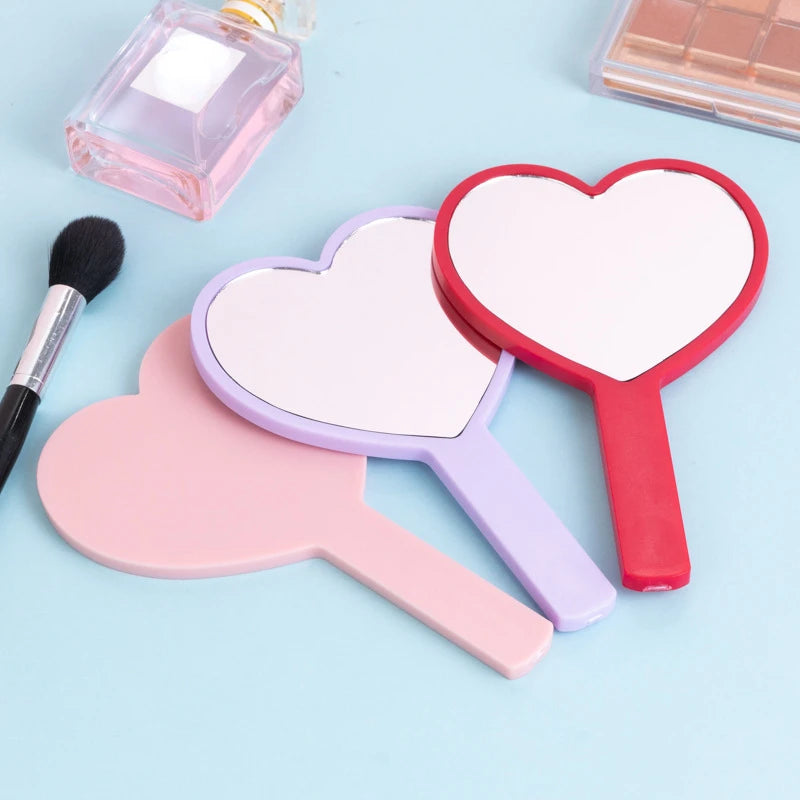 1PCS Heart Shaped Hand‑held Vanity Mirror With Handle Portable Cute Small Beauty Mirror Cosmetic Makeup Tool For Girls Women