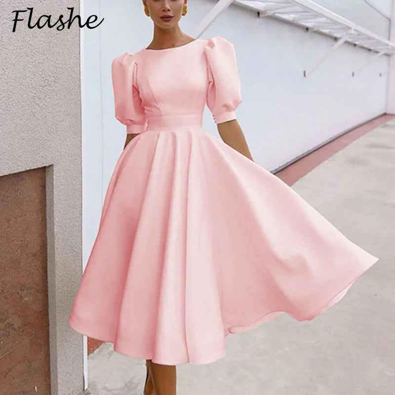 Casual Office Lady Dress Women Elegant Short Sleeve Solid A-Line Party Dresses For Women Fashion Summer Dress 2022