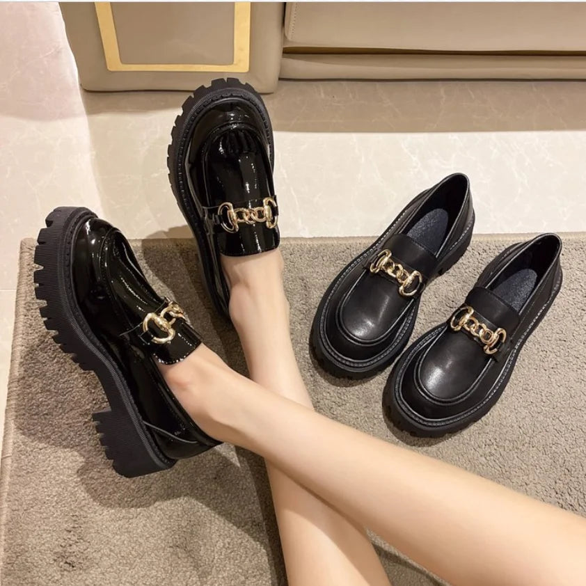 Loafers Female Shoes Women Fashion Mary Janes Round Toe Flats Loafers Oxfords Platform Casual Metal Chain Buckle Ladies Heels