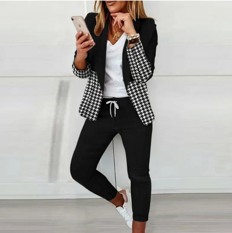 Two Piece Set Women Outfit Office Ladies 2023 Autumn Plaid Print Long Sleeve Elegant Blazer Coats & Drawstring Work Pants Set