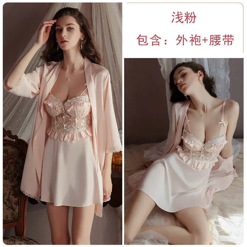 Women Sleepwear 2PCS Robe Nightgown Set Sexy Patchwork Lace Suspender Lingerie Nightdress Silky vestidos Bathrobe Home Dress
