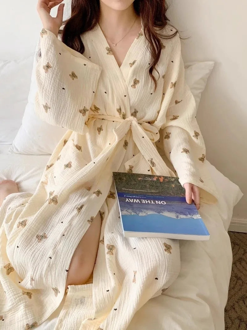 Sleeping Robe for Women in Spring and Autumn Style Bathrobe Full of Small Bear Long Sleeve Casual Princess Style Sleepwear