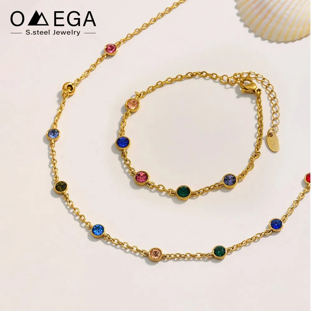 Stainless Steel Chain Necklace Bracelet For Women 18k Gold Plated Non Tarnish Multi Colorful Zircon Necklaces Matching Bracelets
