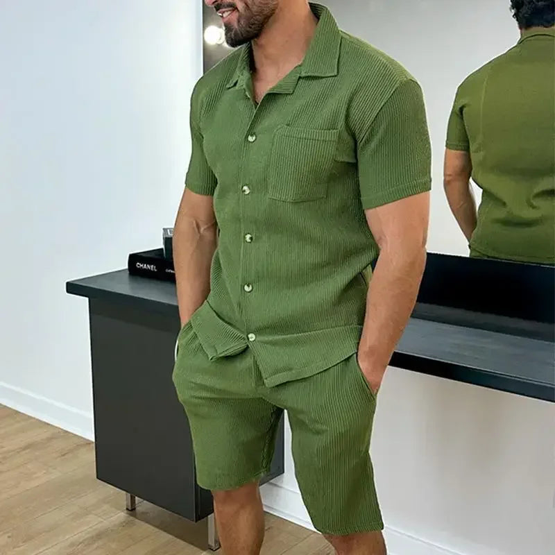 2026 Men's Summer Casual Shorts Sets Solid Mens Short Sleeve Buttoned Lapel Shirts + Shorts Sets Two Piece Streetwear Sets Male