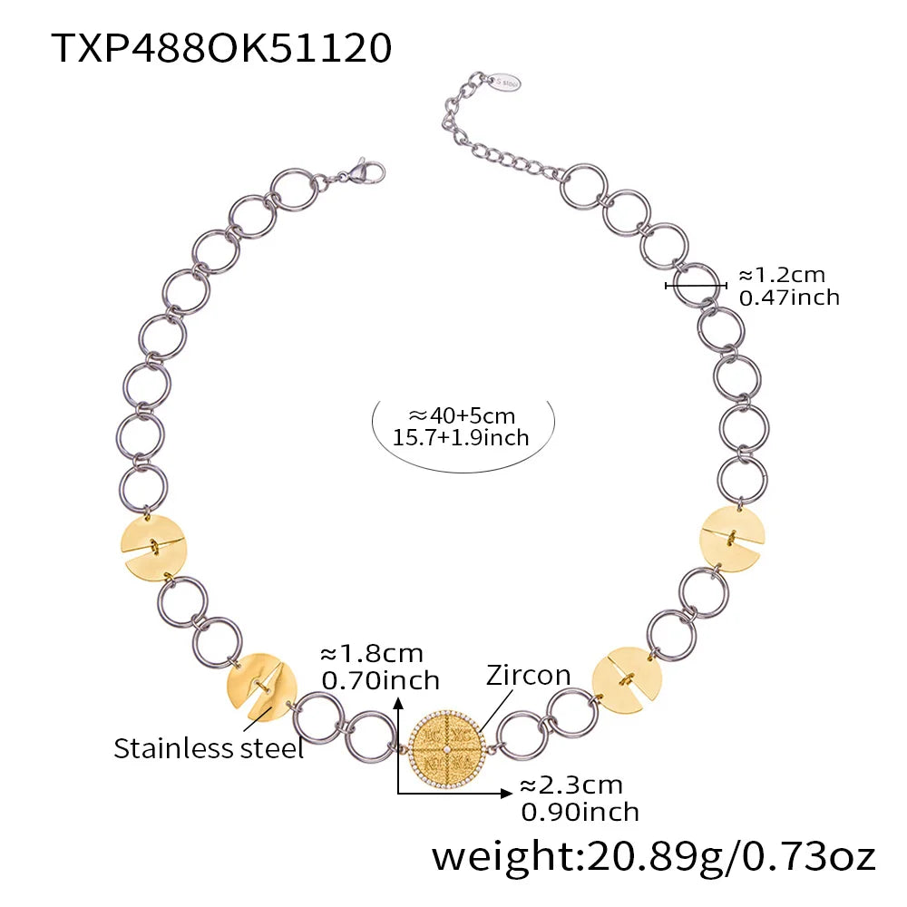 316 Stainless Steel Gold-Plated Large Circular Chain Necklace Choker Women's Shiny Round Zircon Golden Bracelet Jewelry Set