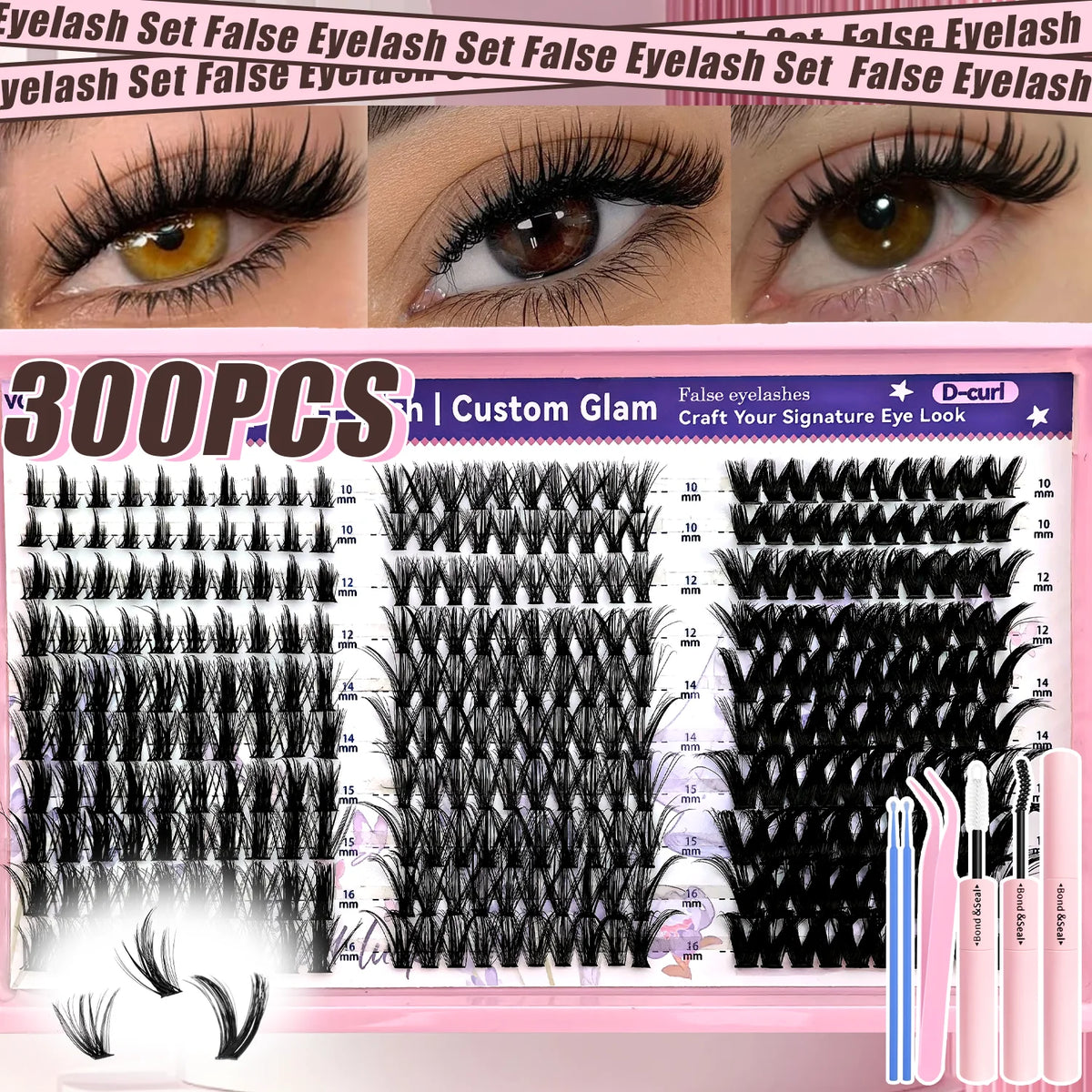 EIMNY 300PCS Little Devil Style Lash Extensions 10-16mm Including Glue Tweezers Cotton Swabs Manga Lashes Natural Voluminous