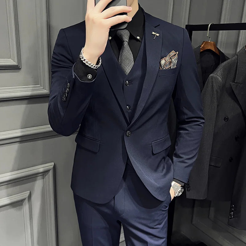 Men's 3 Piece Suit Set Single‑Button Slim Fit Solid Color Business Casual Wedding Party Jacket Vest Pants Formal Outfit for Men