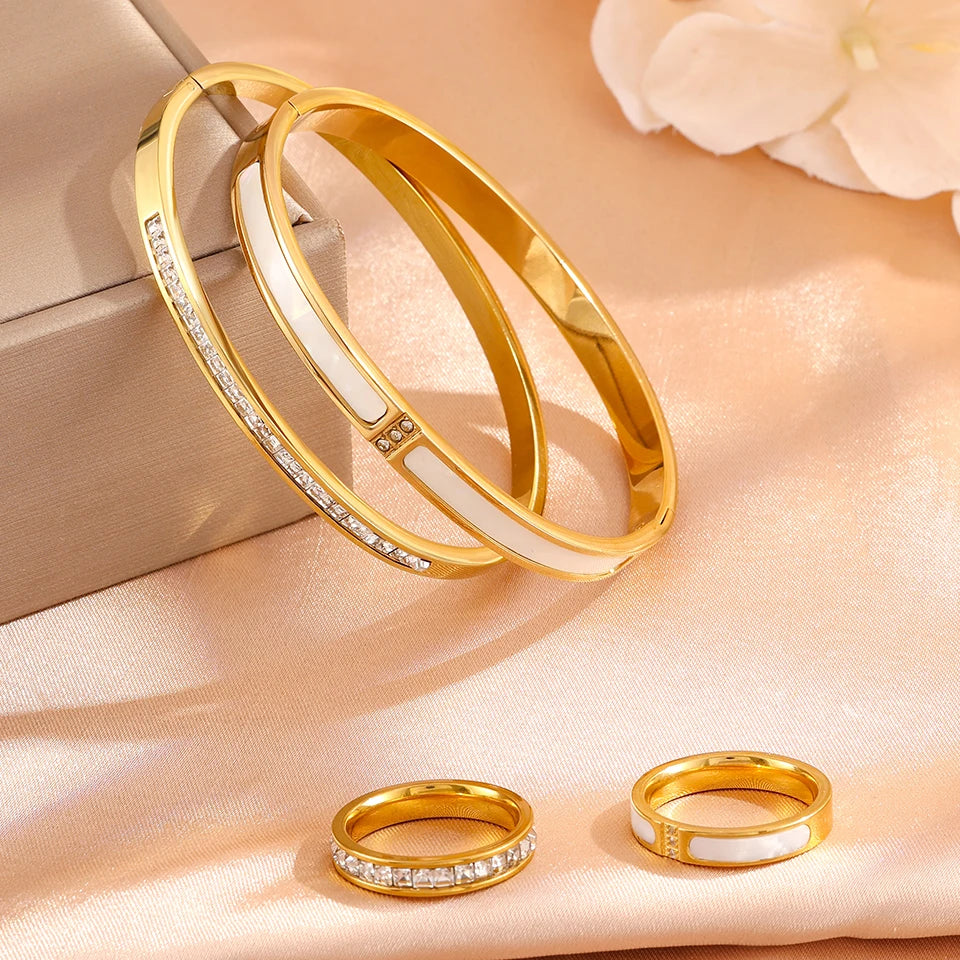 Stainless Steel CZ White Shell Jewelry Set Women Baguette Zircon Cuff Bangle Ring Waterproof Stackable Finger Wrist Jewelry