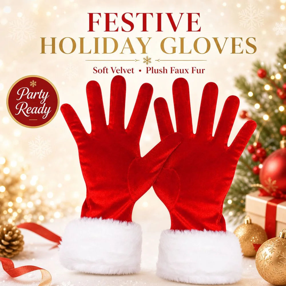 Velvet Gloves Christmas Costume Gloves White Faux Fur Trim Red Velvet Women Christmas Gloves Soft Warm Full Finger