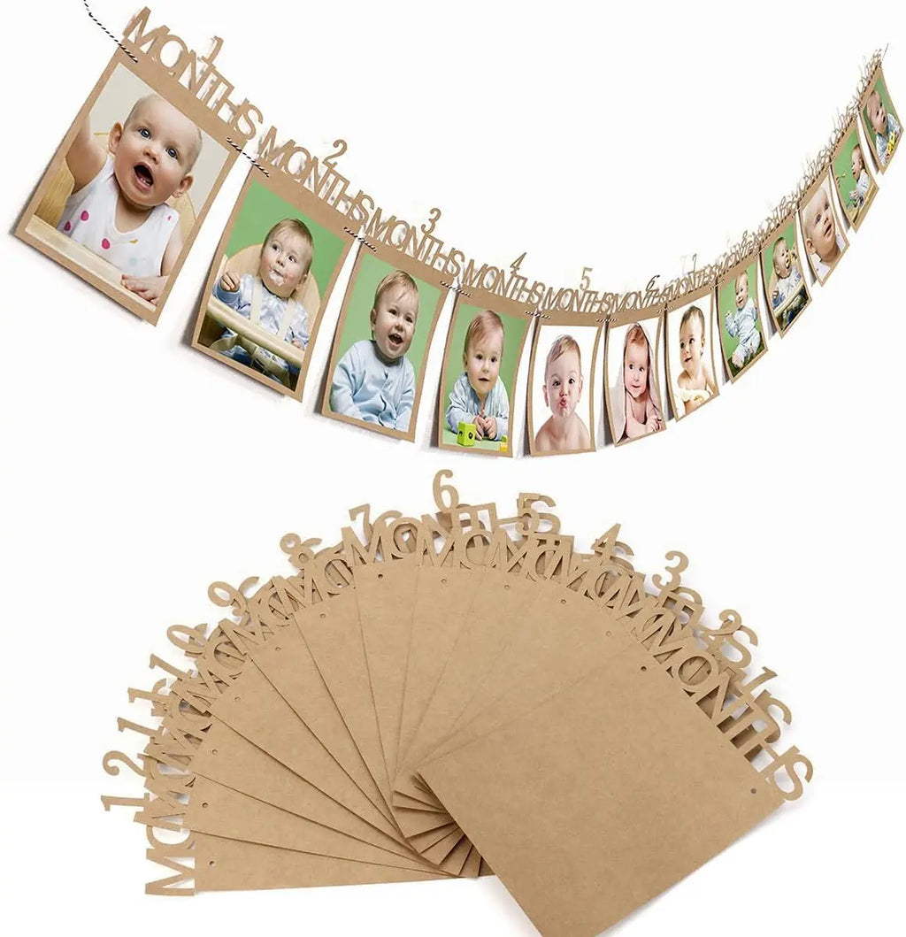 Baby First Birthday Banner, kraft Paper Growth Record 1-12 Month Photo Props Baby Boy Girl Party Decoration Supplies