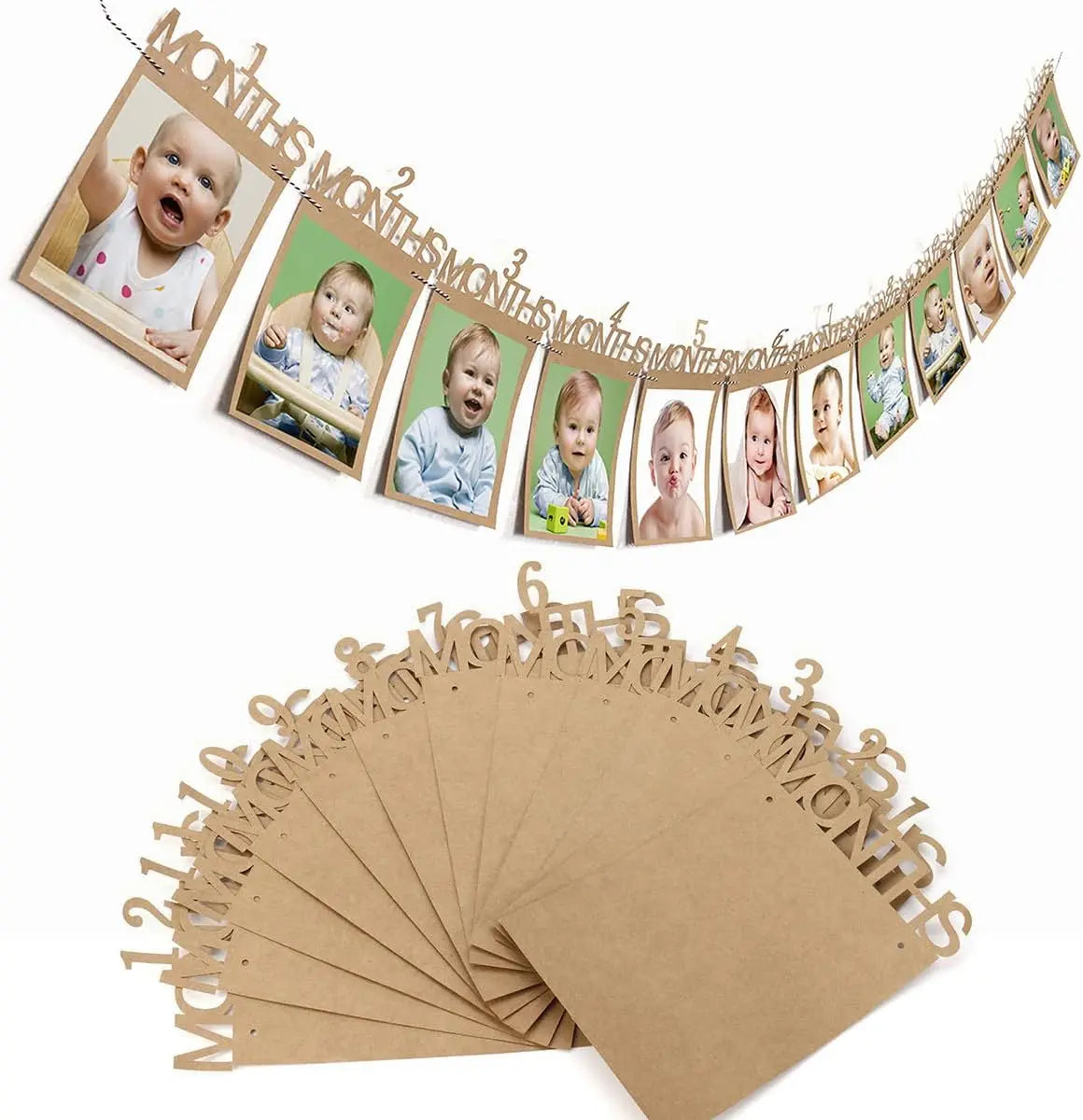 Baby First Birthday Banner, kraft Paper Growth Record 1-12 Month Photo Props Baby Boy Girl Party Decoration Supplies