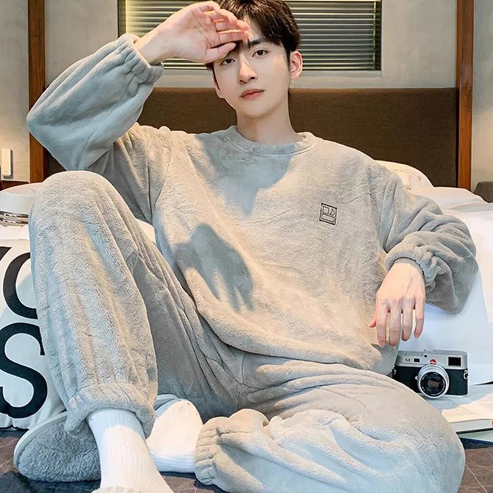 Men's pajamas - winter coral fleece thickened and padded for warmth. Men's winter outerwear suitable for wearing outside. Youth