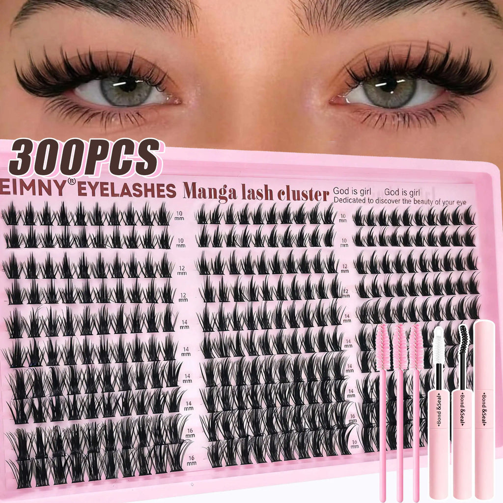 EIMNY 300PCS Little Devil Style Lash Extensions 10-16mm Including Glue Tweezers Cotton Swabs Manga Lashes Natural Voluminous
