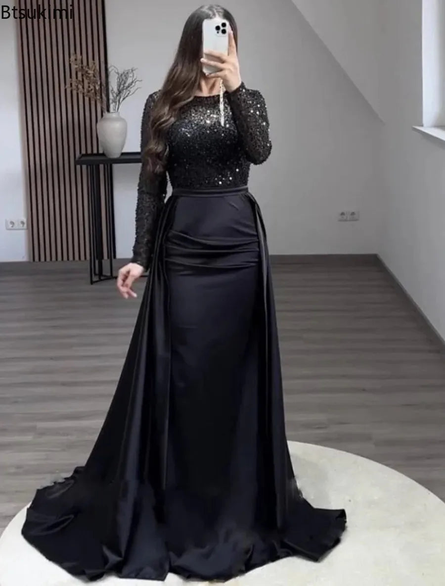 2026 Elegant Evening Dresses Women's Chic Sequin Splice O-neck Long Sleeve Pleated Maxi Dress Sexy High Waist Slim Banquet Gowns