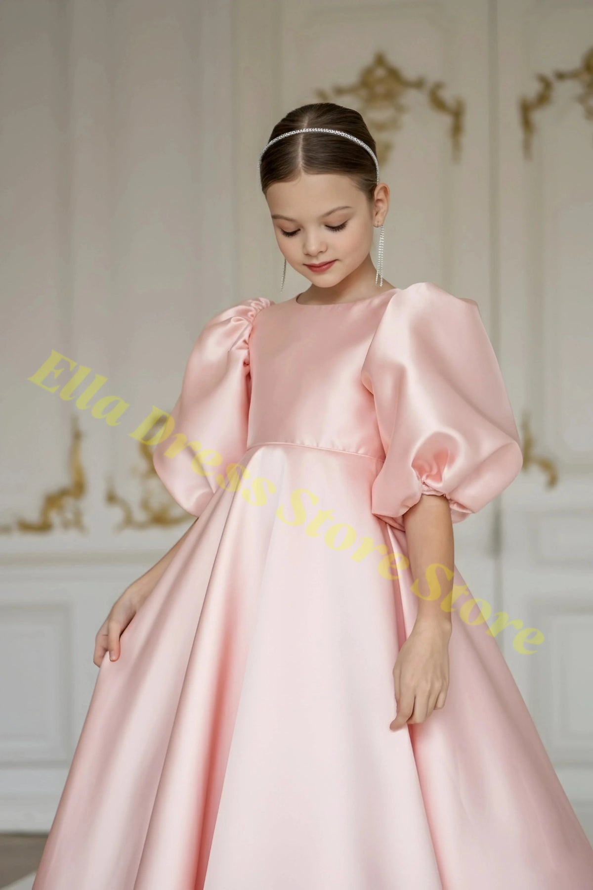 Elegant Girls Wedding Party Dress Satin Flower Girl Dress Bows Half Sleeves Formal Gala Dresses for Bridesmaid Dress Wholesale