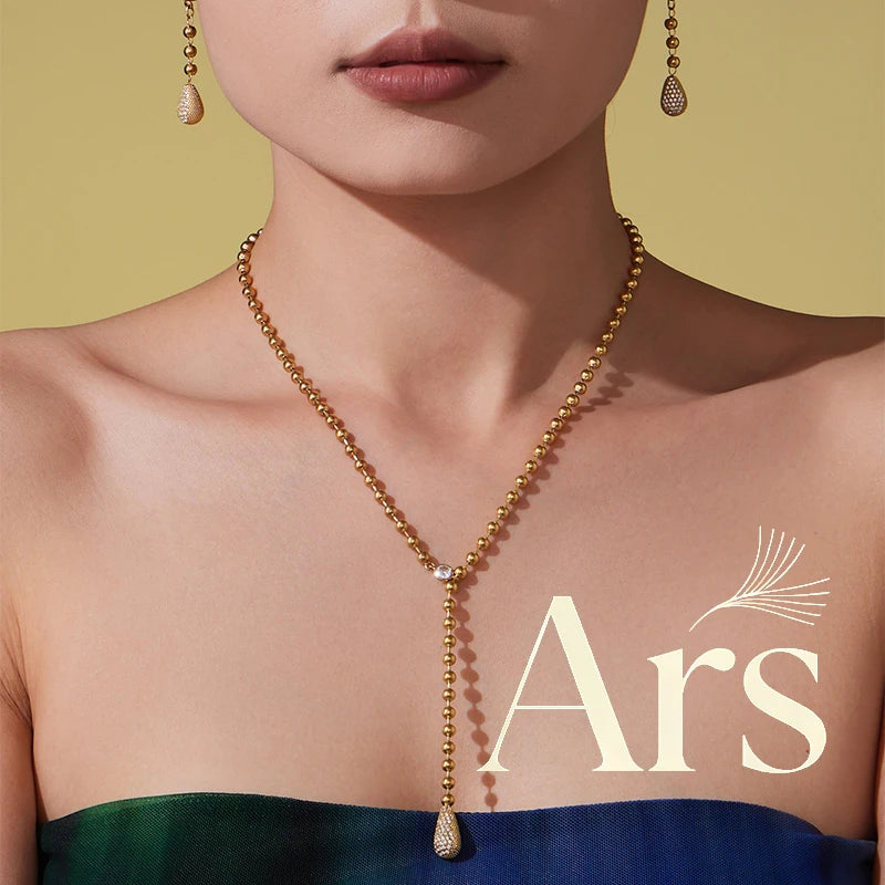 Stainless Steel Y Necklace for Women 18k Gold Plated Beaded Chain Inlaid Zircon Droplet Pendant Necklaces Matching Earrings