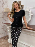 A Set of Short-Sleeved and Long-Pants Women's Pajamas, Standard Size, Suitable for All Seasons, Spring and Summer, Casual and Elegant Printed Loungewear for Women