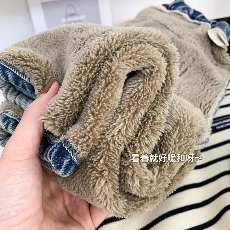Kids Warm Jeans Children Winter Thick Plush Comfortable Fashion Trousers Boys Versatile Pants Girls Outdoor Thermal Trend Pants
