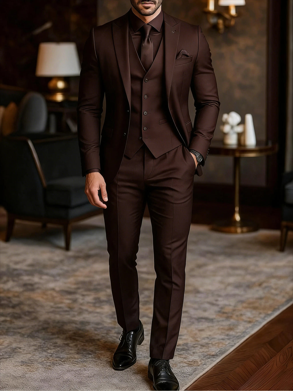 Herren-Hochzeitsanzug im 3-teiligen Smoking-Stil für den Bräutigam, schmal geschnitten, mit Weste, schwarzer formeller Businessanzug
