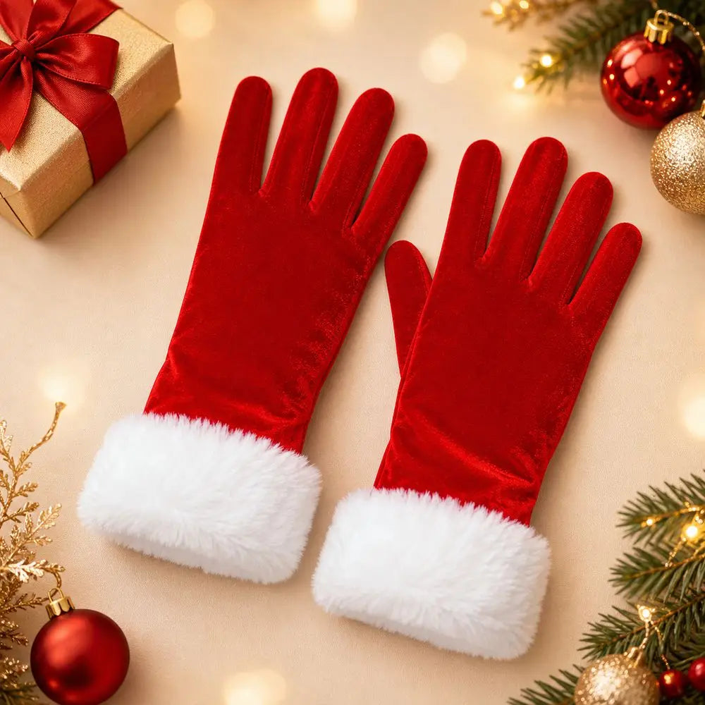 Velvet Gloves Christmas Costume Gloves White Faux Fur Trim Red Velvet Women Christmas Gloves Soft Warm Full Finger
