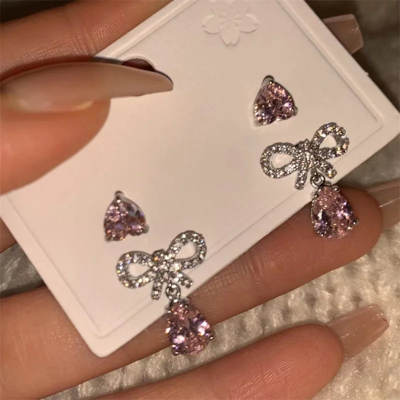 Sweet Style Pink Zircon Bow Knot Heart Stud Earrings For Women Aesthetic Y2K Accessories Jewelry Gifts